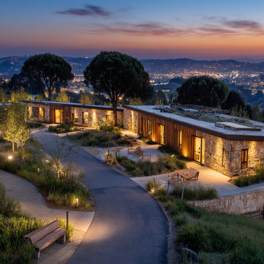 Twilight exterior view of DTA Addiction Treatment in Atwater, California